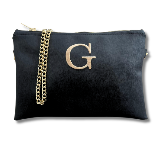 Pochette personalizzata in similpelle nera ricamo sabbia tracolla oro mod. plus