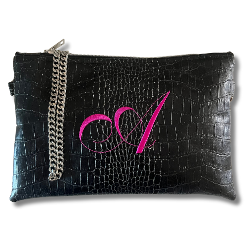 Pochette personalizzata in similpelle cocco nero e glitter ric. font inglese tracolla argento mod. regular