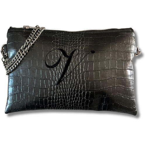 Pochette personalizzata in similpelle cocco canna di fucile e glitter ric. font inglese tracolla argento mod. regular