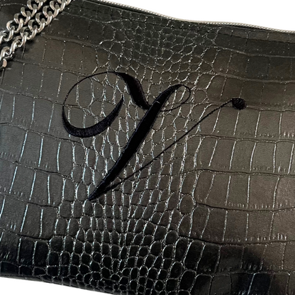 Pochette personalizzata in similpelle cocco canna di fucile e glitter ric. font inglese tracolla argento mod. regular