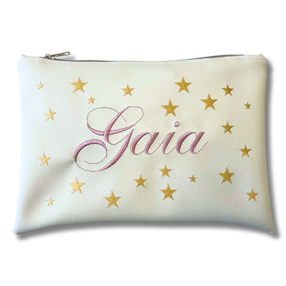 Pochette personalizzata con nome in similpelle panna ric. rosa antico stelle oro mod. plus