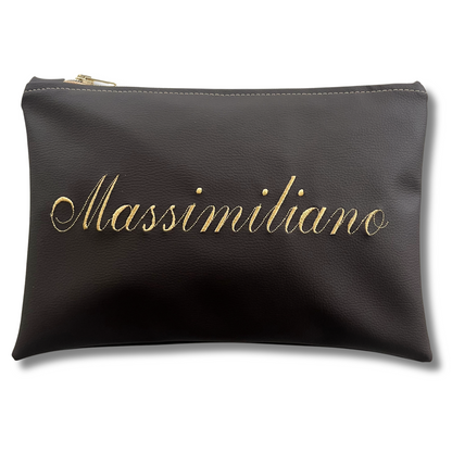 Pochette personalizzata con nome in similpelle testa di moro ric. sabbia mod. plus