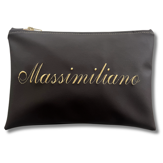 Pochette personalizzata con nome in similpelle testa di moro ric. sabbia mod. plus