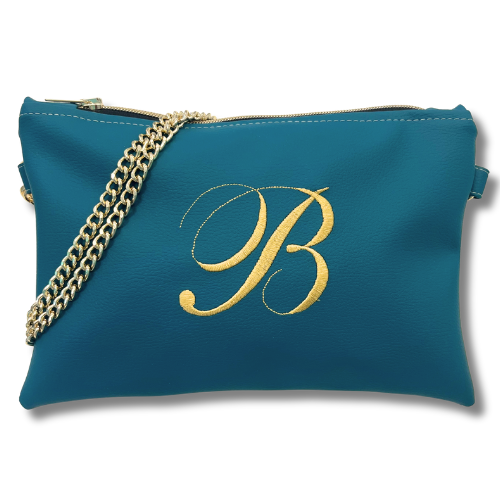 Pochette personalizzata con iniziale in similpelle petrolio font inglese tracolla oro mod. regular