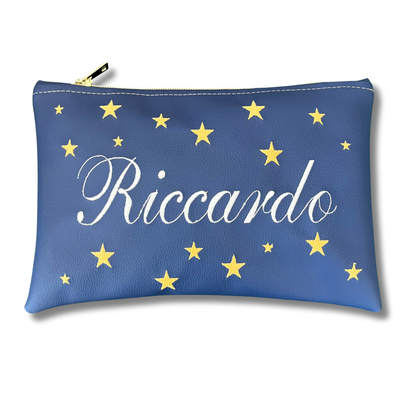 Pochette personalizzata con nome in similpelle blu ric. bianco stelle oro mod. regular