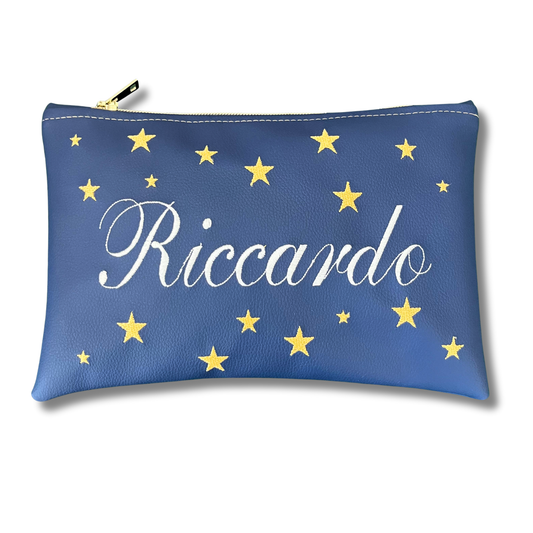 Pochette personalizzata con nome in similpelle blu ric. bianco stelle oro mod. regular
