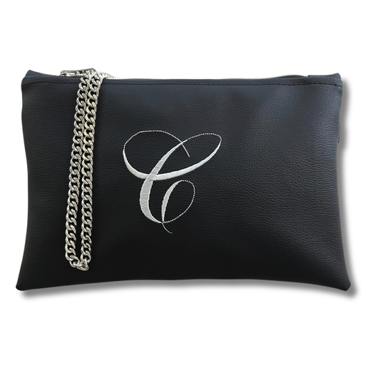 Pochette personalizzata in similpelle nera font inglese tracolla argento mod. regular