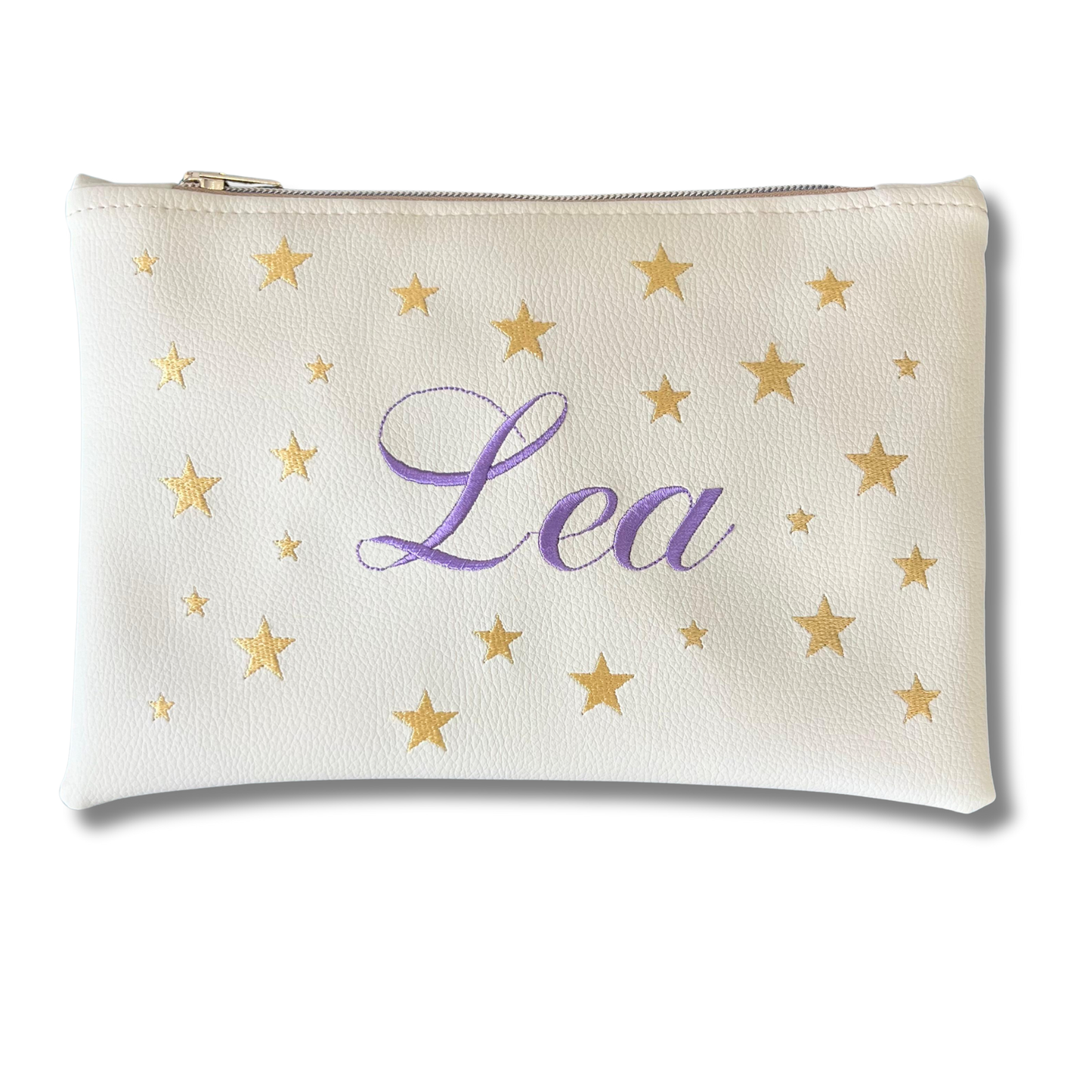 Pochette personalizzata con nome in similpelle panna ric. lilla stelle oro mod. regular