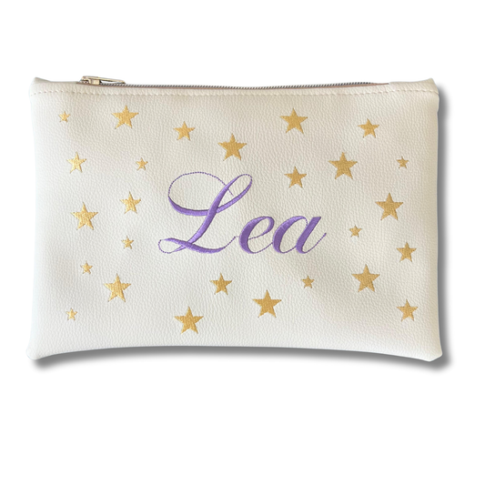 Pochette personalizzata con nome in similpelle panna ric. lilla stelle oro mod. regular