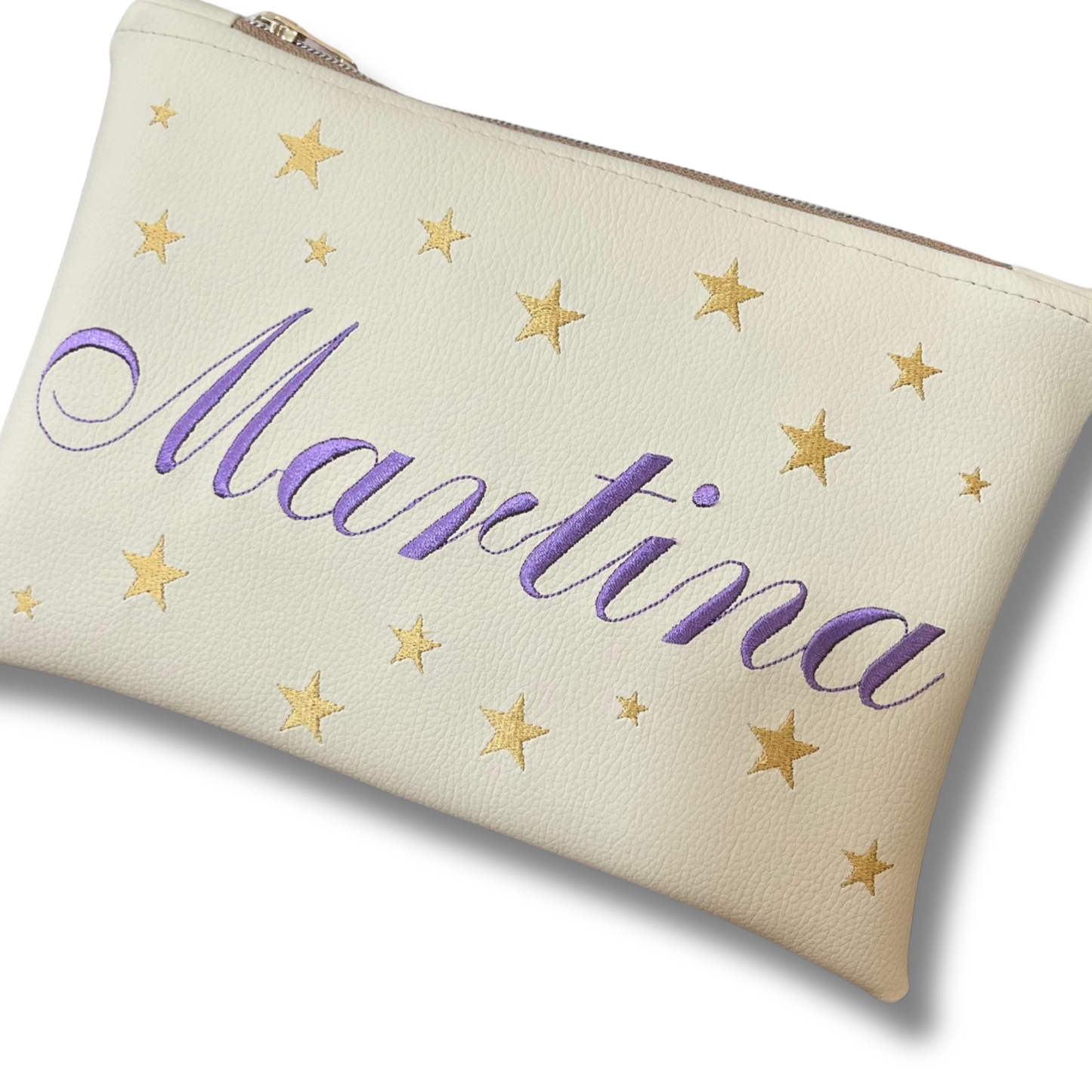 Pochette personalizzata con nome in similpelle panna ric. lilla stelle oro mod. plus
