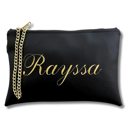 Pochette personalizzata nome in similpelle nera font inglese tracolla oro mod. regular
