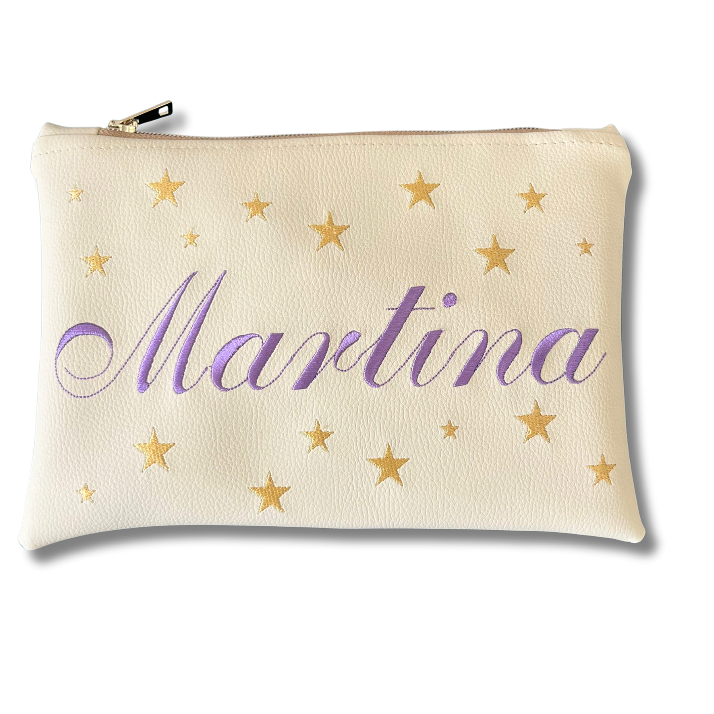 Pochette personalizzata con nome in similpelle panna ric. lilla stelle oro mod. plus