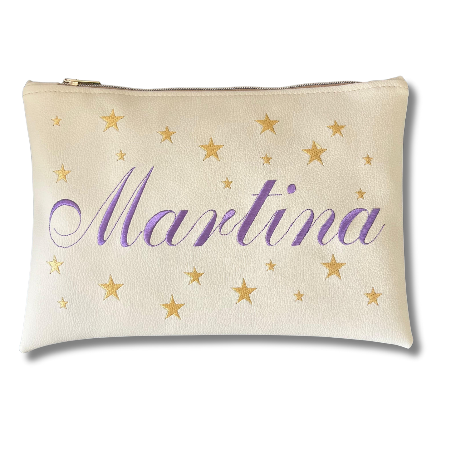 Pochette personalizzata con nome in similpelle panna ric. lilla stelle oro mod. regular