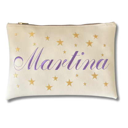 Pochette personalizzata con nome in similpelle panna ric. lilla stelle oro mod. regular