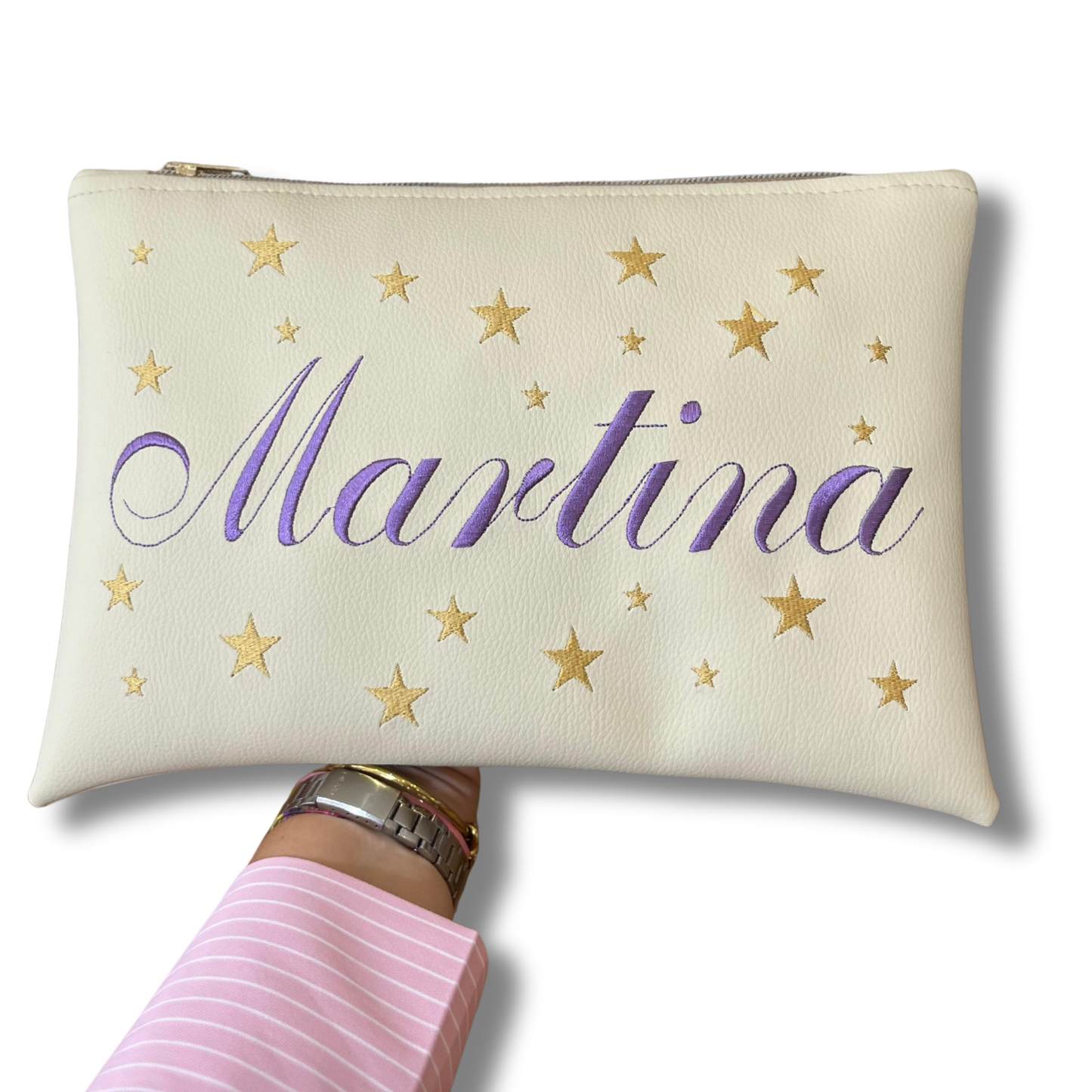 Pochette personalizzata con nome in similpelle panna ric. lilla stelle oro mod. regular