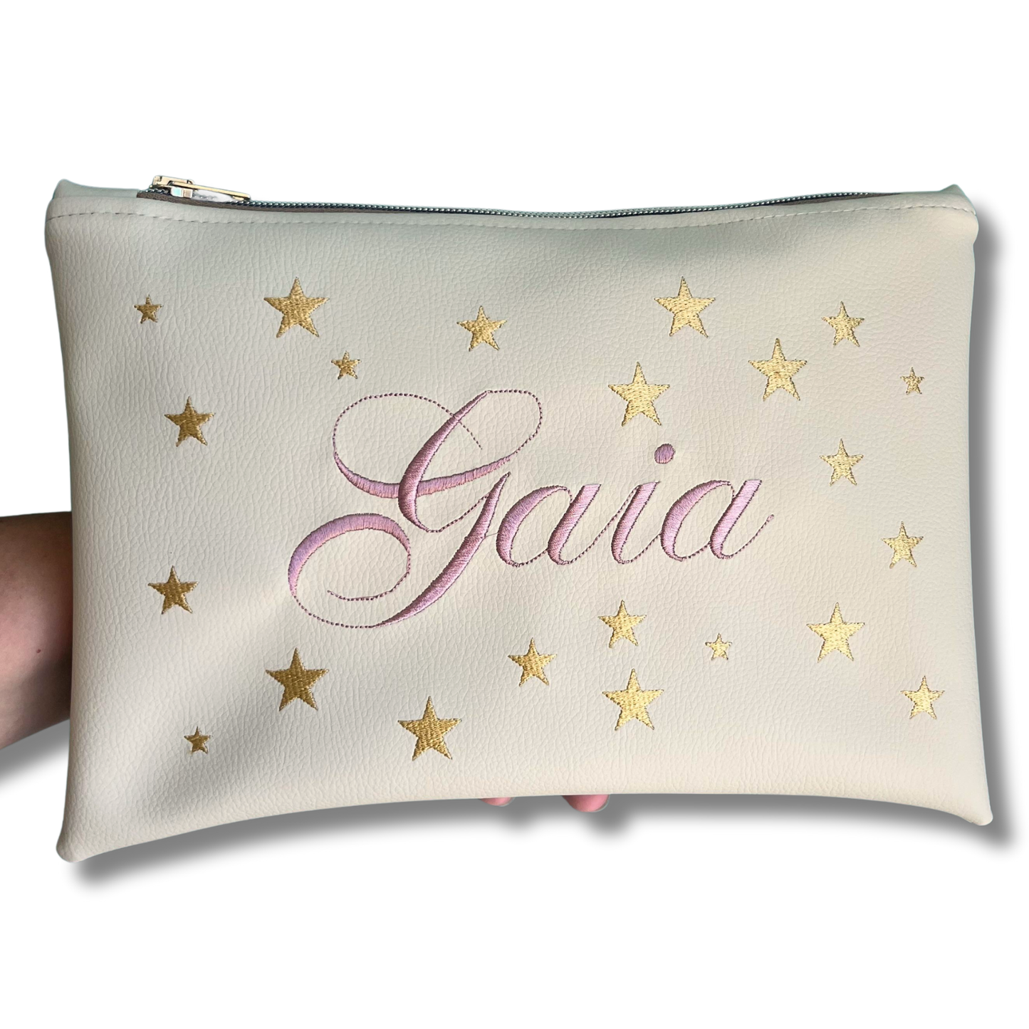 Pochette personalizzata con nome in similpelle panna ric. rosa antico stelle oro mod. plus