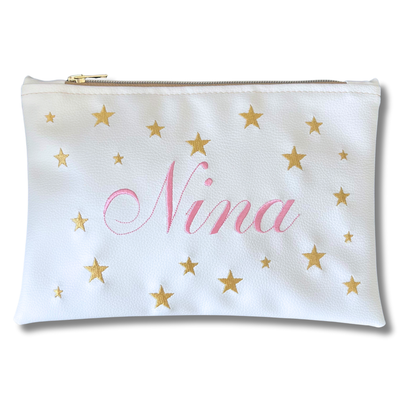 Pochette personalizzata con nome in similpelle bianca ric. rosa stelle oro mod. regular