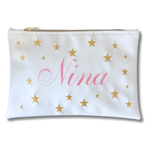 Pochette personalizzata con nome in similpelle bianca ric. rosa stelle oro mod. regular