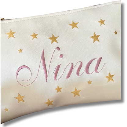 Pochette personalizzata con nome in similpelle panna ric. rosa antico stelle oro mod. plus