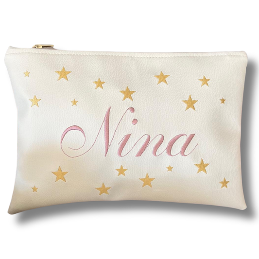Pochette personalizzata con nome in similpelle panna ric. rosa antico stelle oro mod. plus