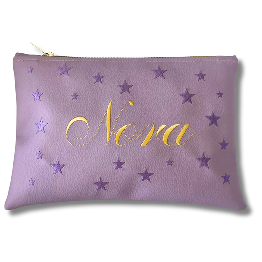 Pochette personalizzata con nome in similpelle lilla ric. oro stelle viola mod. regular