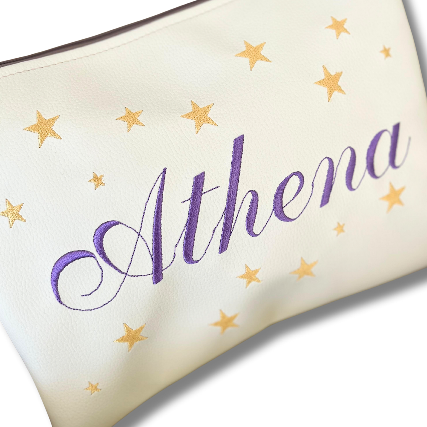 Pochette personalizzata con nome in similpelle panna ric. lilla stelle oro mod. plus