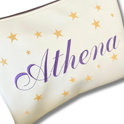 Pochette personalizzata con nome in similpelle panna ric. lilla stelle oro mod. plus
