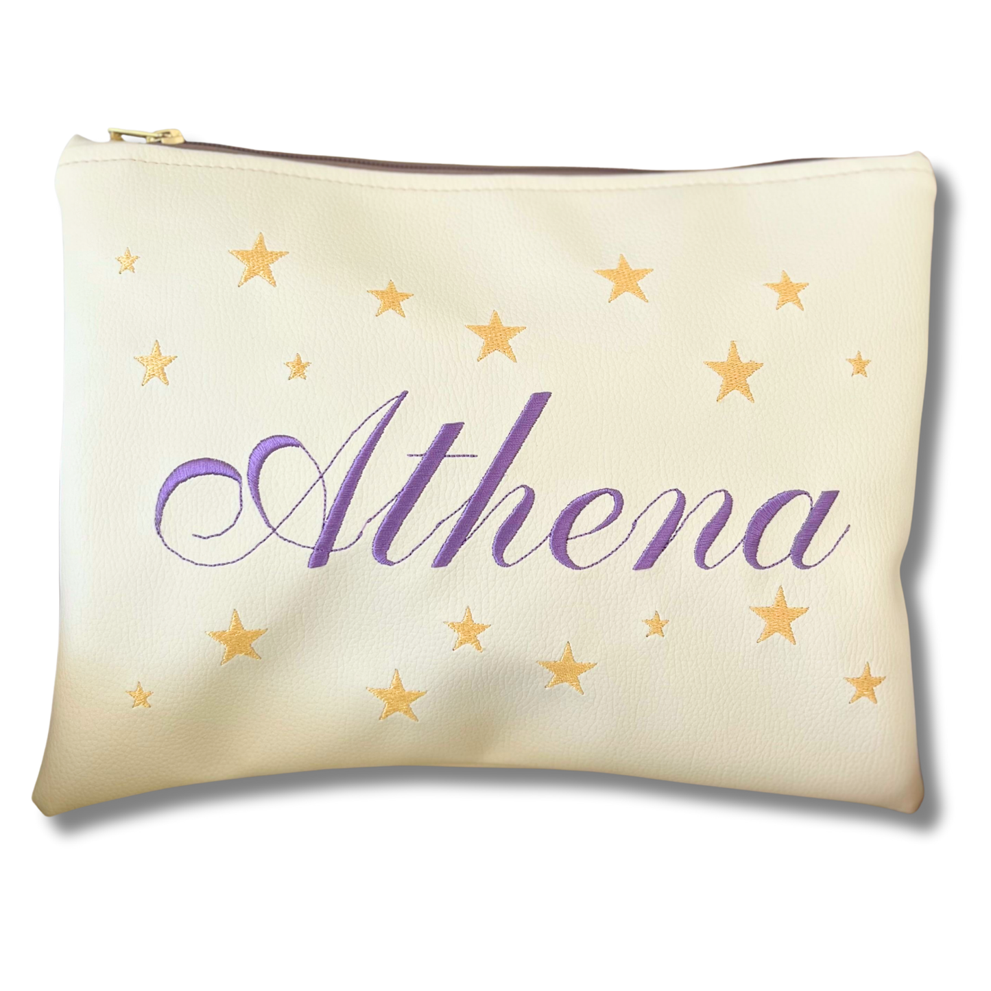 Pochette personalizzata con nome in similpelle panna ric. lilla stelle oro mod. plus