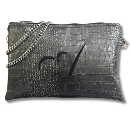 Pochette personalizzata in similpelle cocco canna di fucile e glitter ric. font inglese tracolla argento mod. regular