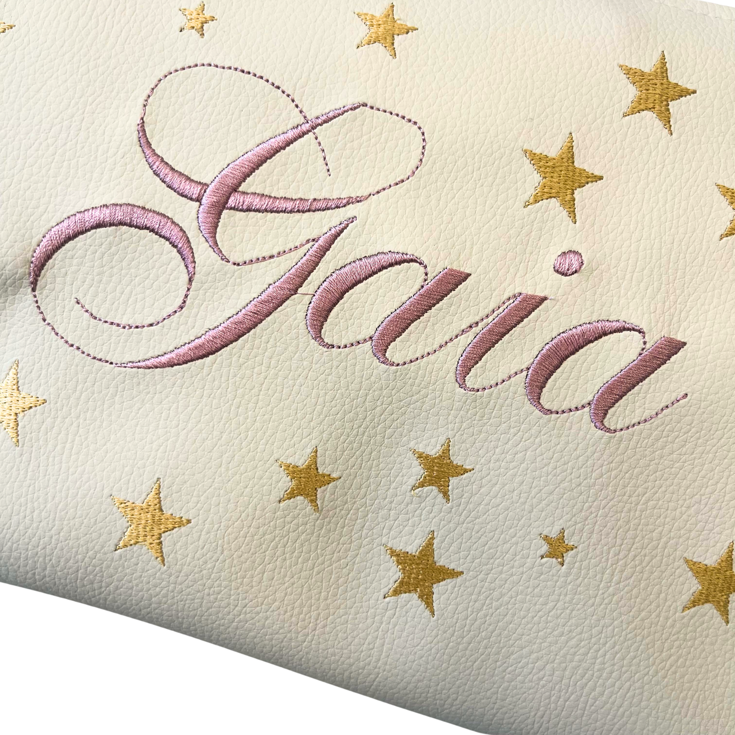 Pochette personalizzata con nome in similpelle panna ric. rosa antico stelle oro mod. plus