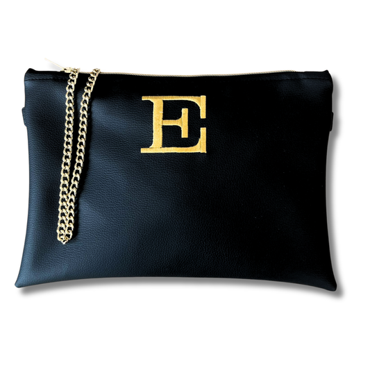 Pochette personalizzata in similpelle nera ricamo oro tracolla oro mod. plus