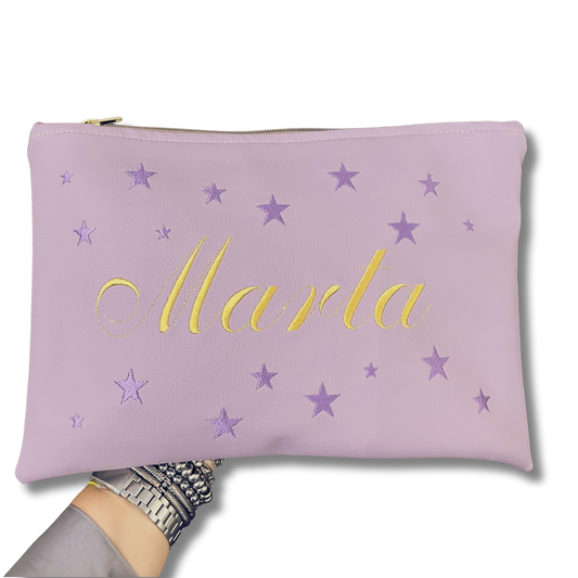 Pochette personalizzata con nome in similpelle lilla ric. oro stelle viola mod. plus