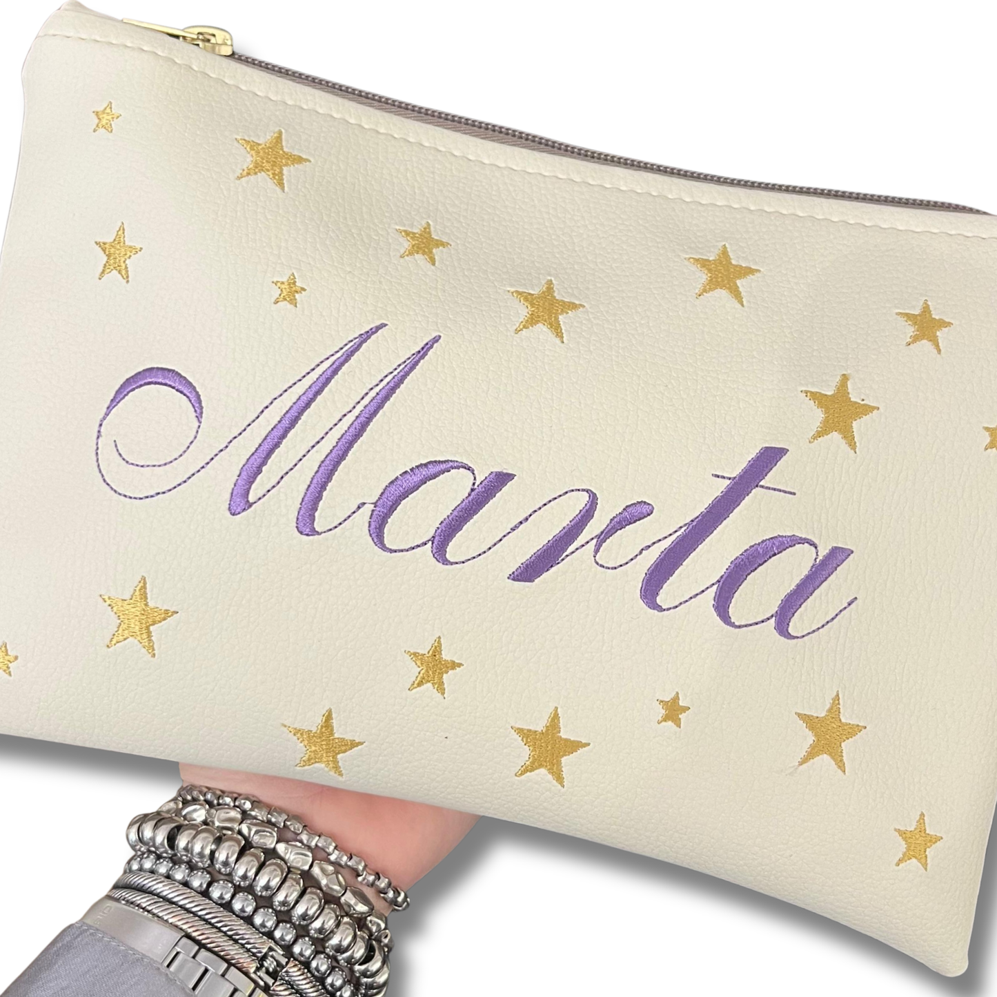 Pochette personalizzata con nome in similpelle panna ric. lilla stelle oro mod. regular