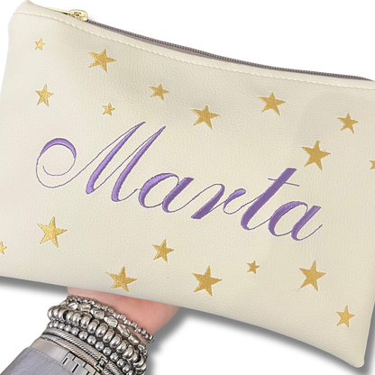 Pochette personalizzata con nome in similpelle panna ric. lilla stelle oro mod. regular