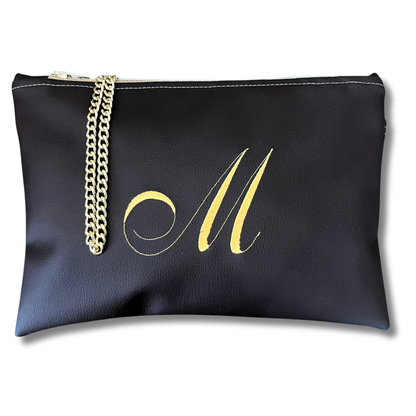 Pochette personalizzata in similpelle nera font inglese tracolla oro mod. plus