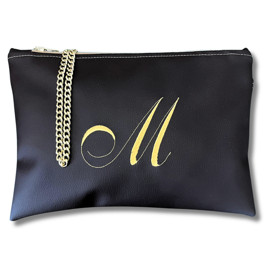Pochette personalizzata in similpelle nera font inglese tracolla oro mod. plus