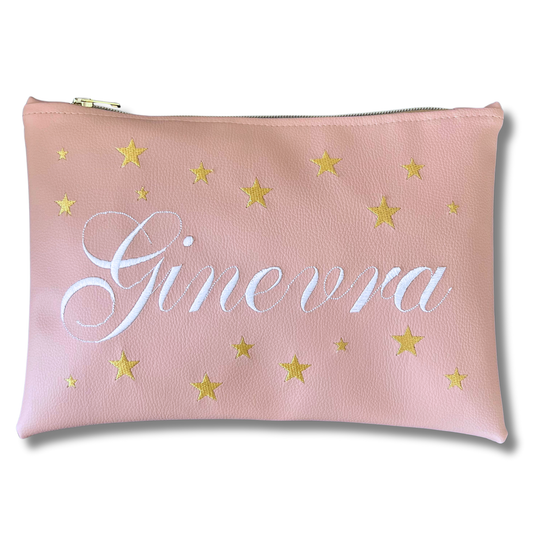 Pochette personalizzata con nome in similpelle rosa ric. bianco stelle oro mod. plus