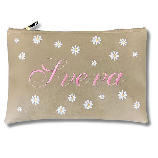 Pochette personalizzata con nome in similpelle sabbia ric. rosa e margherite mod. regular