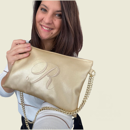 Pochette personalizzata in similpelle oro font inglese tracolla oro mod. regular