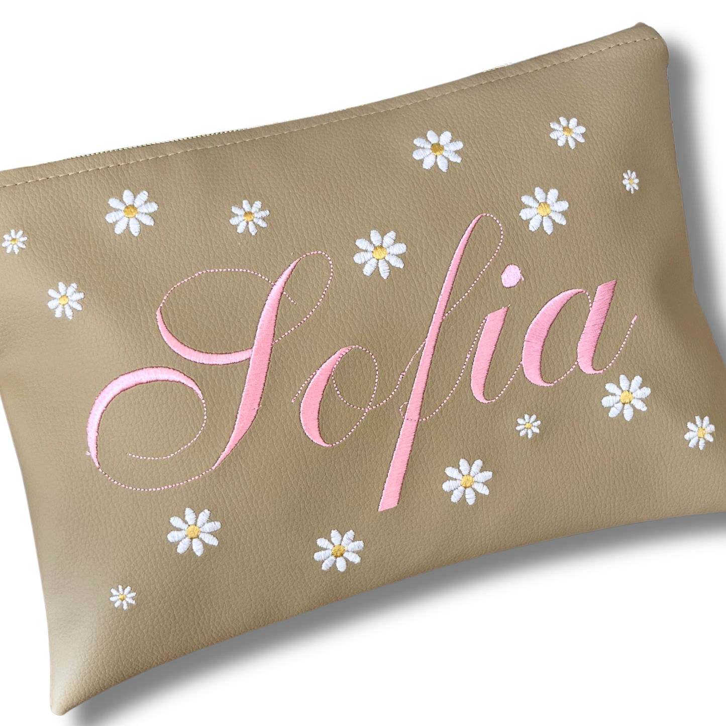 Pochette personalizzata con nome in similpelle sabbia ric. rosa e margherite mod. plus