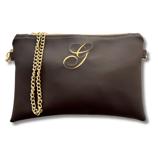 Pochette personalizzata con iniziale piccola in similpelle testa di moro font inglese tracolla oro mod. regular