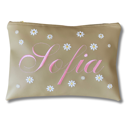 Pochette personalizzata con nome in similpelle sabbia ric. rosa e margherite mod. plus