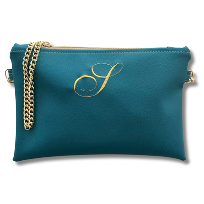 Pochette personalizzata con iniziale piccola in similpelle petrolio font inglese tracolla oro mod. regular