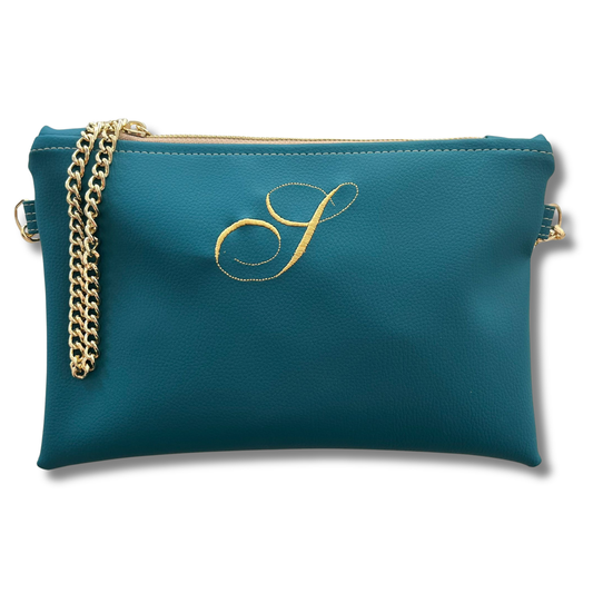 Pochette personalizzata con iniziale piccola in similpelle petrolio font inglese tracolla oro mod. regular