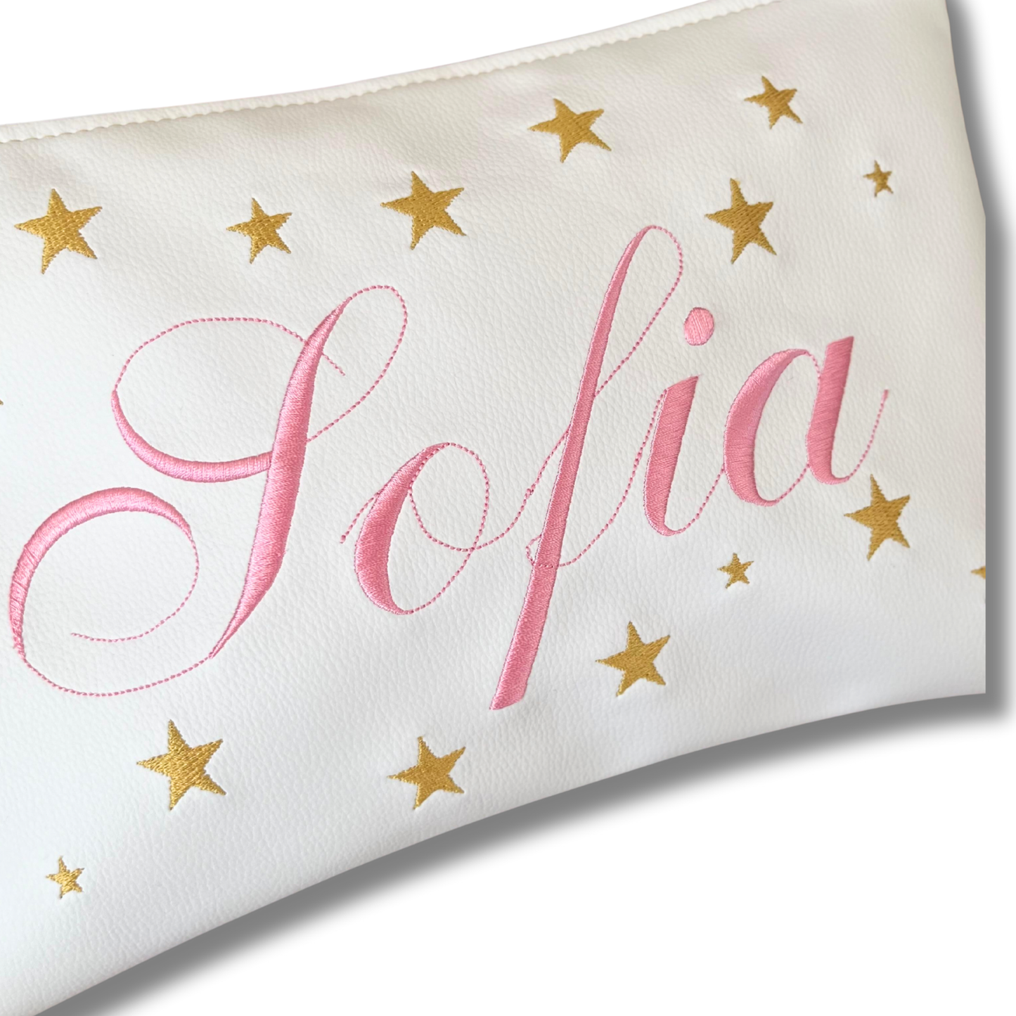 Pochette personalizzata con nome in similpelle bianca ric. rosa stelle oro mod. plus