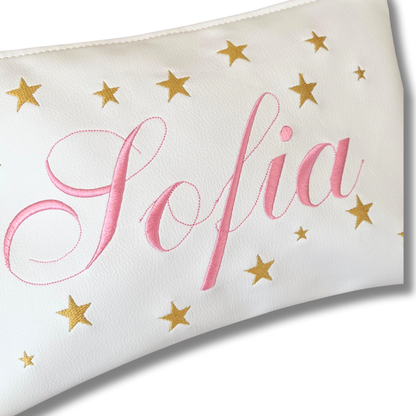 Pochette personalizzata con nome in similpelle bianca ric. rosa stelle oro mod. plus
