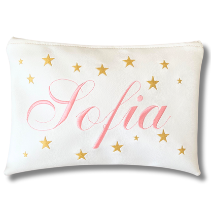 Pochette personalizzata con nome in similpelle bianca ric. rosa stelle oro mod. plus
