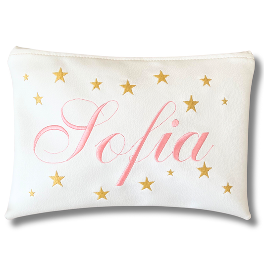 Pochette personalizzata con nome in similpelle bianca ric. rosa stelle oro mod. plus