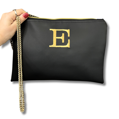 Pochette personalizzata in similpelle nera ricamo oro tracolla oro mod. plus