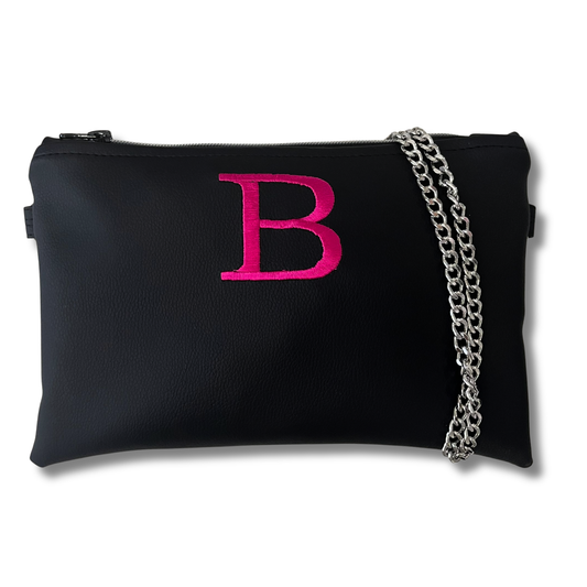 Pochette personalizzata in similpelle nera ricamo magenta tracolla argento mod. regular